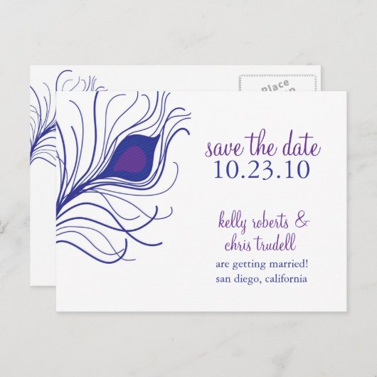 Peacock Feather Save the Date briefkaart (Voorkant / Achterkant)