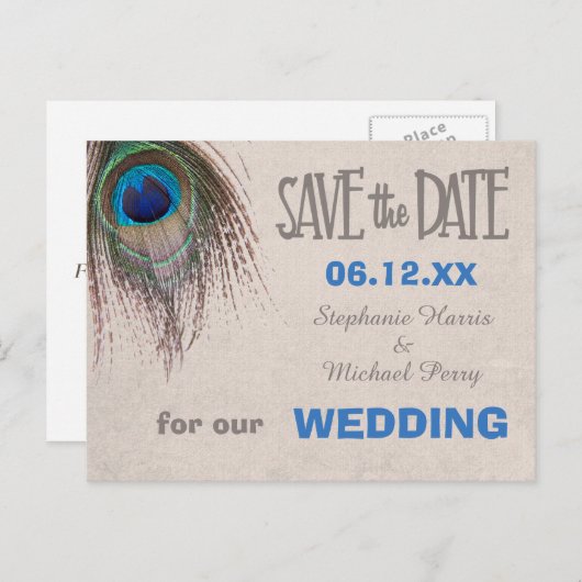 Peacock Feather Save the Date Wedding Briefkaart (Voorkant / Achterkant)