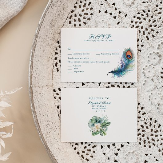 Peacock Feather Tropical Flowers Mariage Carte RSV