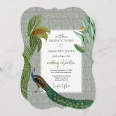  Peacock Feather Tropical Greenery Wedding Kaart (Voorkant / Achterkant)