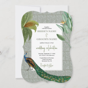 Peacock Feather Tropical Greenery Wedding Kaart