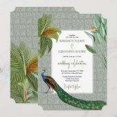  Peacock Feather Tropical Greenery Wedding Kaart (Voorkant / Achterkant)