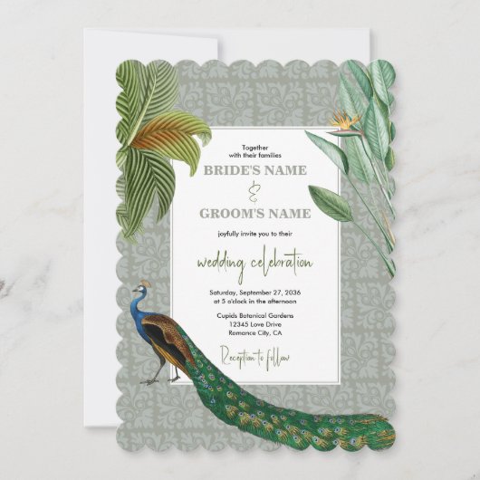  Peacock Feather Tropical Greenery Wedding Kaart (Voorkant)