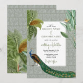  Peacock Feather Tropical Greenery Wedding Kaart (Voorkant / Achterkant)