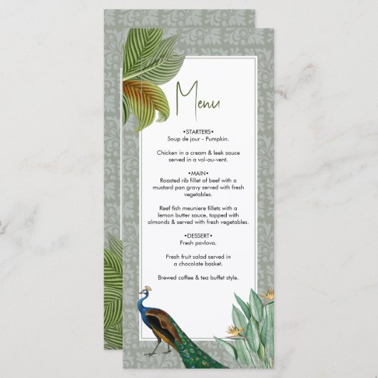  Peacock Feather Tropical Greenery Wedding Menu (Voorkant / Achterkant)