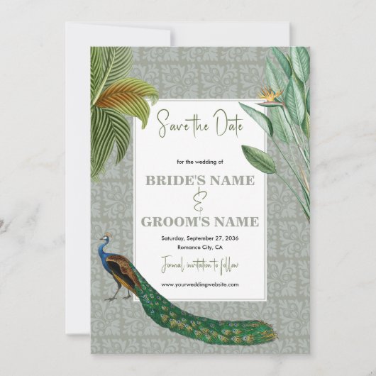  Peacock Feather Tropical Greenery Wedding Save The Date (Voorkant)