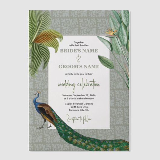 Peacock Feather Tropical Greenery Wedding Vellum Uitnodigingen (Voorkant)