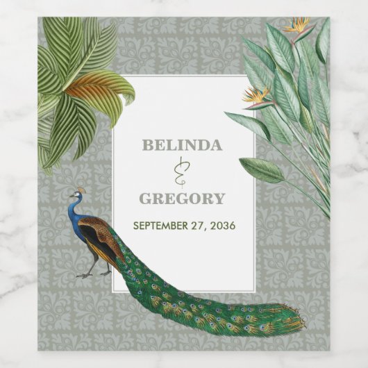 Peacock Feather Tropical Greenery Wedding Wijn Etiket (Enkel label)