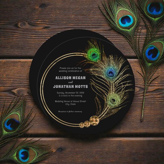 Peacock Feather Vibrant Élégant Mariage Invitation