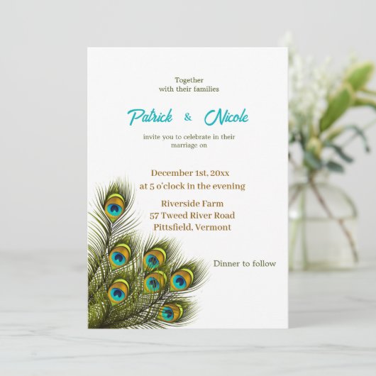 Peacock Feather waterverf bruiloft uitnodiging (Staand voorkant)
