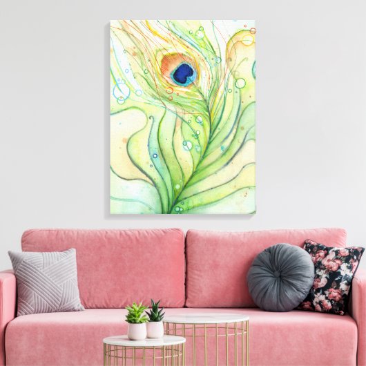 Peacock Feather Waterverf Schilderij Canvas Print (Insitu (Woonkamer))