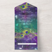 Peacock Feather Wedding Jeweled Feathers Bokeh All In One Uitnodiging (Binnen)