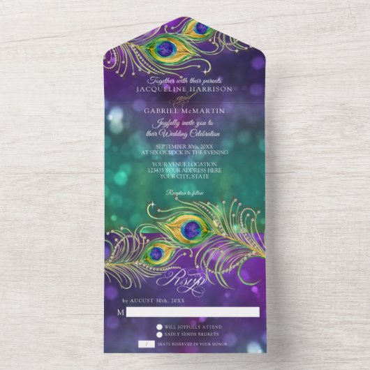 Peacock Feather Wedding Jeweled Feathers Bokeh All In One Uitnodiging (Binnen)