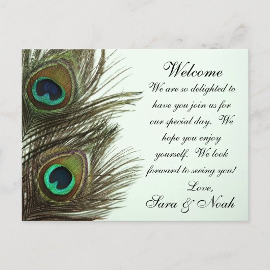 Peacock Feather Wedding Welcome Bag Note Briefkaart (Voorkant)