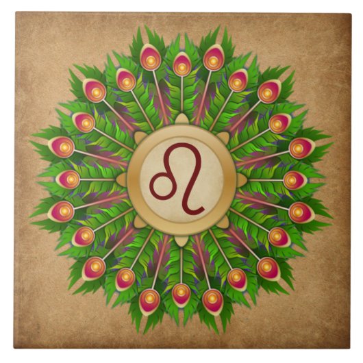 Peacock Feather Wreath Zodiac Sign Leo Tegeltje (Voorkant)
