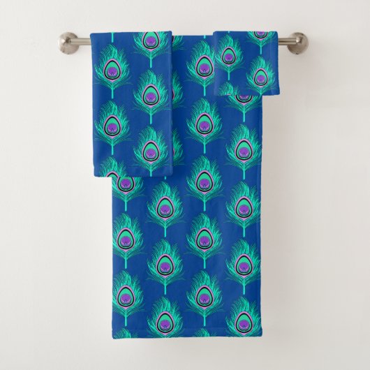 Peacock Feathers, Aqua on Deep Cobalt Blue Bad Handdoek (Insitu)