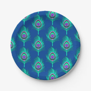 Peacock Feathers, Aqua on Deep Cobalt Blue Papieren Bordje
