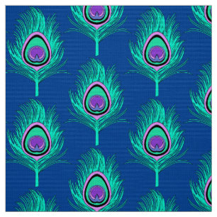 Peacock Feathers, Aqua on Deep Cobalt Blue Stof