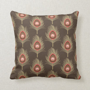 Peacock Feathers, beige op donkerchocolade bruin Kussen