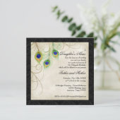 Peacock Feathers Black Damask Quinceanera Party Kaart (Staand voorkant)