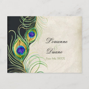 Peacock Feathers Black Damask RSVP-reactiekaart Uitnodiging Briefkaart
