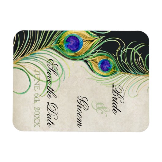Peacock Feathers Black Damask Save the Date Magneet (Horizontaal)
