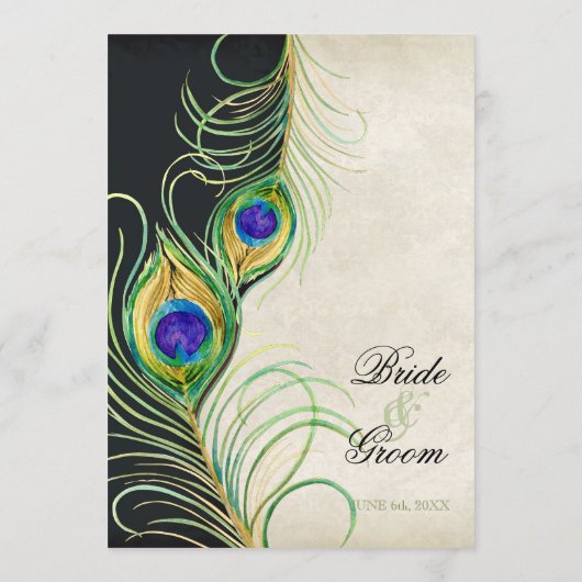 Peacock Feathers Black Damask Weddenschap Statione Menu (Achterkant)