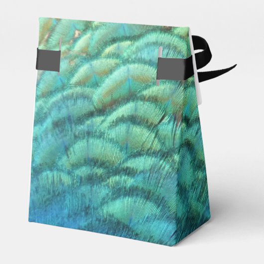 Peacock Feathers Blauw en Groen Gepersonaliseerd Bedankdoosjes (Achterkant)
