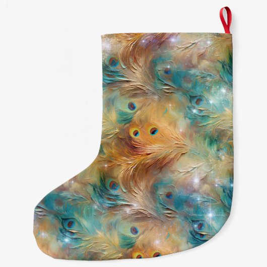 Peacock Feathers Blauw Goud Kerstnaam Grote Kerstsok (Achterkant)