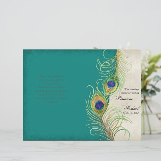 Peacock Feathers - Blauwgroen, bruiloft programma (Staand voorkant)