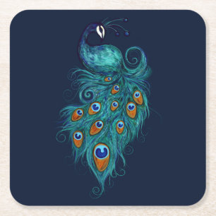Peacock Feathers Blauwgroen Peacocks Vierkante Kartonnen Onderzetter