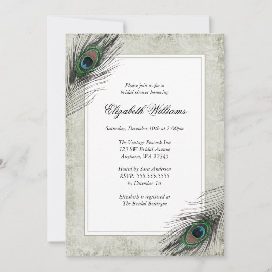 Peacock Feathers Bridal Shower Invitations Kaart (Voorkant)