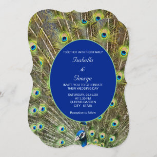 Peacock Feathers & Calligraphy on Blue Wedding Kaart