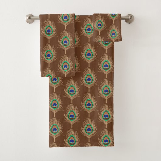 Peacock Feathers, Camel Tan on Chocolate Brown Bad Handdoek (Insitu)