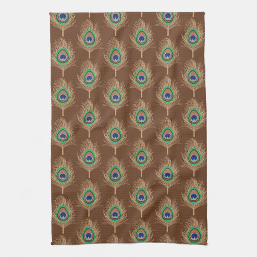 Peacock Feathers, Camel Tan on Chocolate Brown Theedoek (Verticaal)