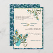 Peacock Feathers Damask Wedding 2 Kaart (Voorkant / Achterkant)