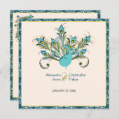 Peacock Feathers Damask Wedding Kaart (Voorkant / Achterkant)