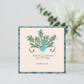 Peacock Feathers Damask Wedding Kaart (Staand voorkant)
