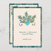 Peacock Feathers Damask Wedding Kaart (Voorkant / Achterkant)