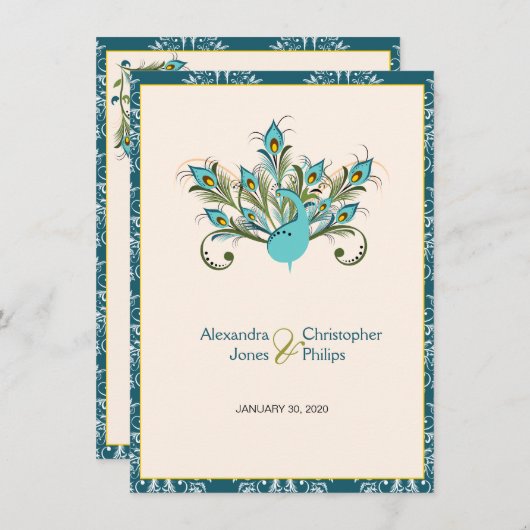Peacock Feathers Damask Wedding Kaart (Voorkant / Achterkant)