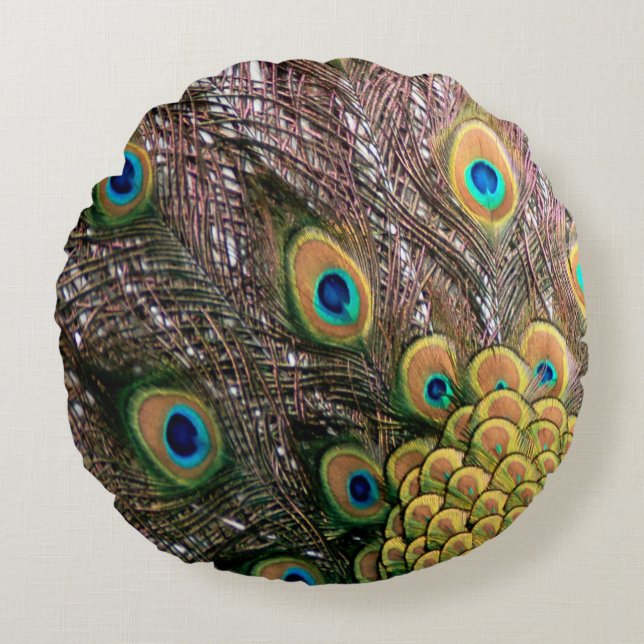 Peacock Feathers Emerald Green en Gold Rond Kussen (Voorkant)