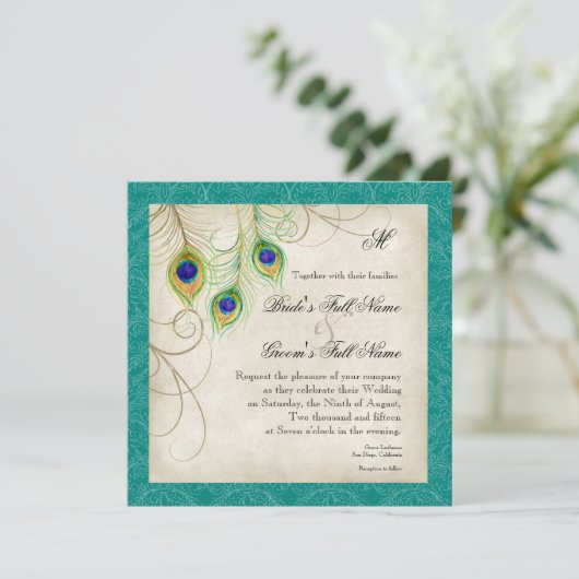 Peacock Feathers Faire-part de mariage - Bleu Turq (Debout devant)