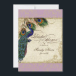 Peacock & Feathers Fête des mariées Invitation Lav<br><div class="desc">SÉLECTION DE PAPIER : Ceci est montré sur "papier de base", un autre grand choix serait "glace métallique" qui est une surface brillante blanche et pearlisée. Il serait également magnifique sur le lin "Champagne Metallic", feutre ou l'un des autres choix. PALETTE DE COULEUR : lavande de prune, bronze, bleu roi...</div>