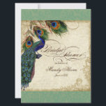 Peacock & Feathers Fête des mariées Invitation ver<br><div class="desc">SÉLECTION DU PAPIER : Ceci est montré sur "papier de base", un autre grand choix serait "glace métallique" qui est une surface brillante blanche et percée. Il serait également magnifique sur le lin "Champagne Metallic", feutre ou l'un des autres choix. PALETTE DE COULEUR : vert pomme, tan, bleu roi crème,...</div>