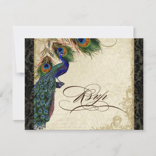 Peacock & Feathers Formal RSVP Réponse Tan Noir (Devant)