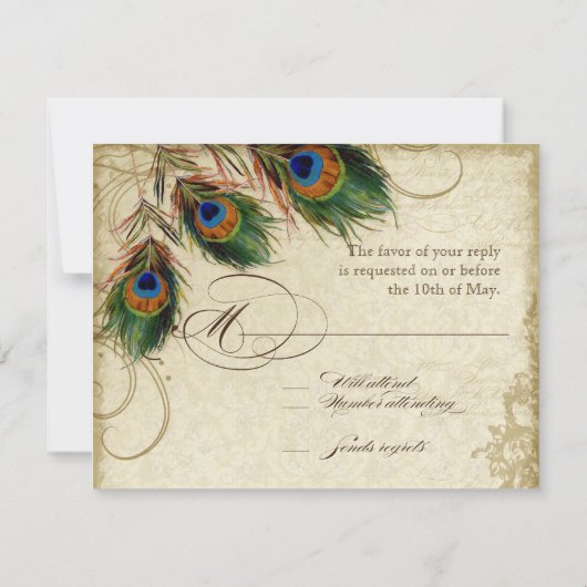 Peacock & Feathers Formal RSVP Réponse Tan Noir (Dos)
