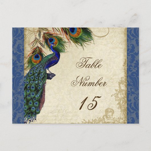 Peacock Feathers Formal Wedding Table Numbers Briefkaart (Voorkant)