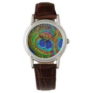Peacock Feathers Glass Art Watch & Nummeropties Horloge