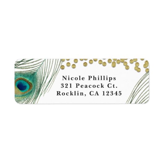 Peacock Feathers & Gold Boho Glam Invitation Etiket (Voorkant)
