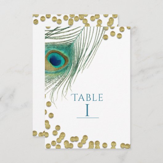 Peacock Feathers & Gold Boho Glam Numéro de table (Devant / Derrière)